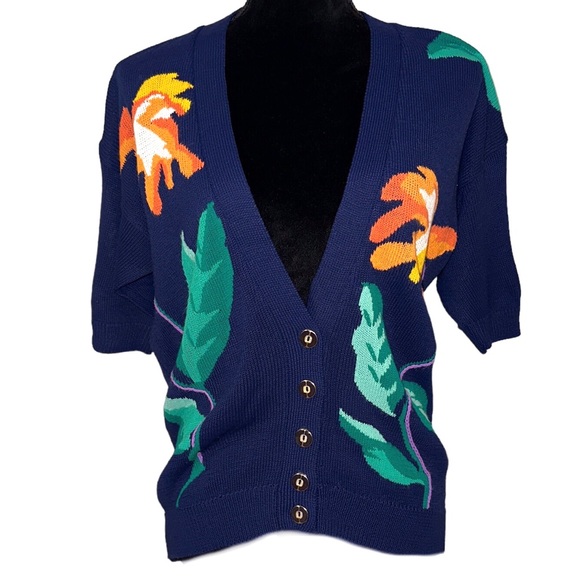That's Me Vintage Cardigan Sweater Womens Medium Short Sleeve Floral Embroidery - Picture 1 of 9